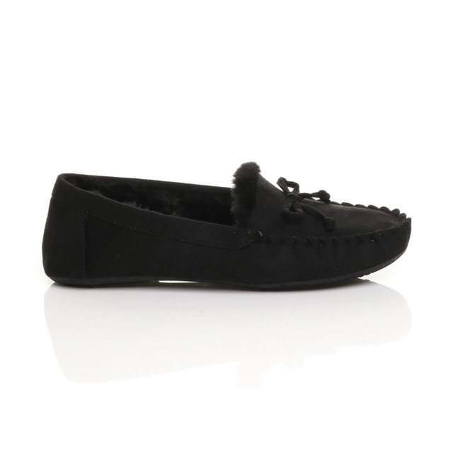 Right side view of Black Suede Fur Lined Luxury Flexible Moccasins Slippers