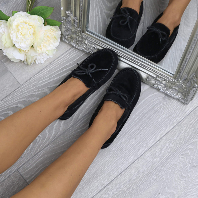 Model wearing Black Suede Fur Lined Luxury Flexible Moccasins Slippers