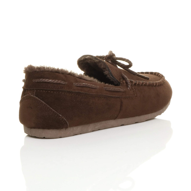 Back right side view of Brown Suede Fur Lined Luxury Flexible Moccasins Slippers