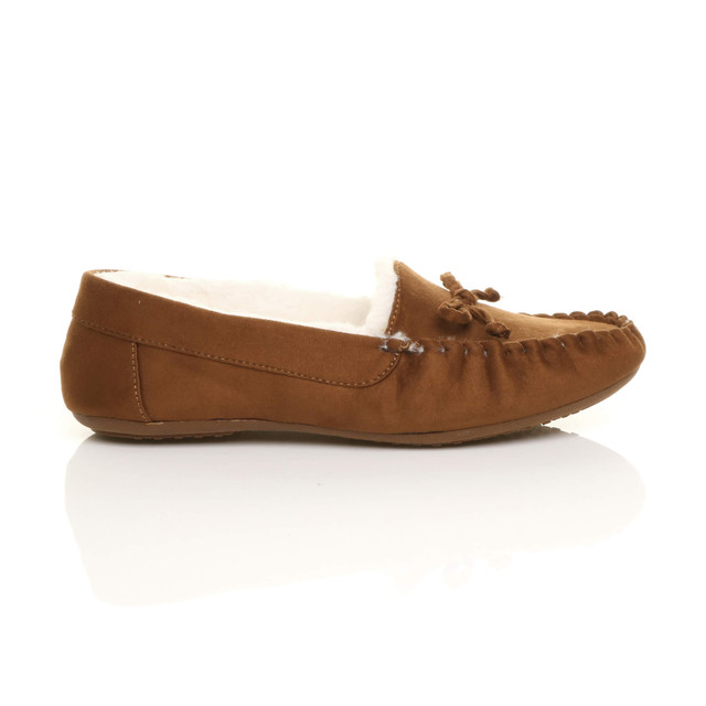 Right side view of Chestnut Tan Suede Fur Lined Luxury Flexible Moccasins Slippers