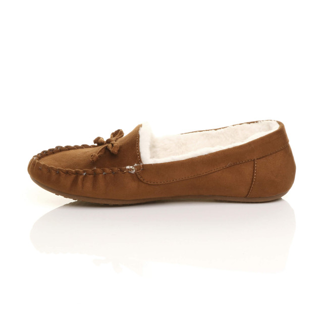 Left side view of Chestnut Tan Suede Fur Lined Luxury Flexible Moccasins Slippers