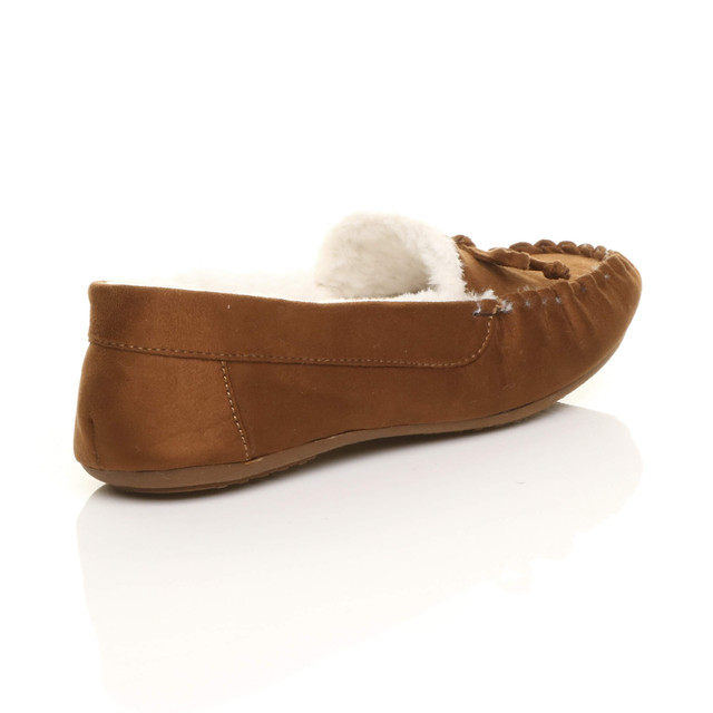 Back right side view of Chestnut Tan Suede Fur Lined Luxury Flexible Moccasins Slippers
