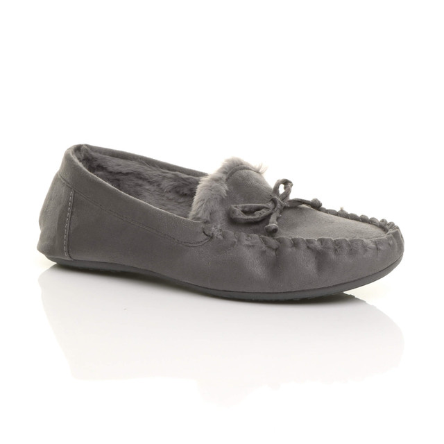 Front right side view of Grey Suede Fur Lined Luxury Flexible Moccasins Slippers