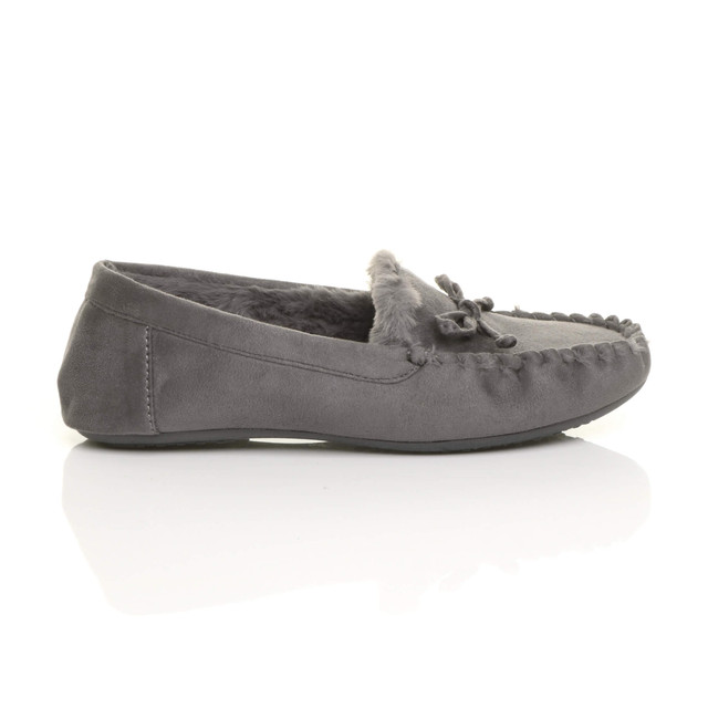 Right side view of Grey Suede Fur Lined Luxury Flexible Moccasins Slippers