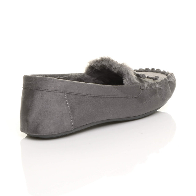 Back right side view of Grey Suede Fur Lined Luxury Flexible Moccasins Slippers