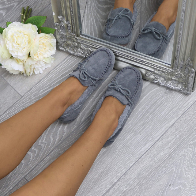 Model wearing Grey Suede Fur Lined Luxury Flexible Moccasins Slippers