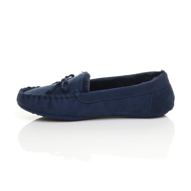 Left side view of Navy Suede Fur Lined Luxury Flexible Moccasins Slippers