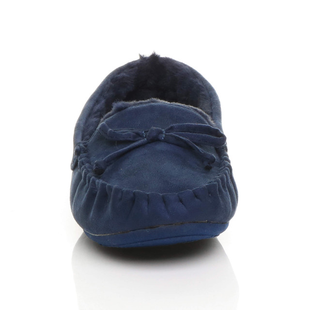 Front view of Navy Suede Fur Lined Luxury Flexible Moccasins Slippers