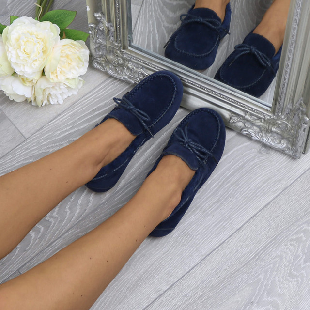 Model wearing Navy Suede Fur Lined Luxury Flexible Moccasins Slippers
