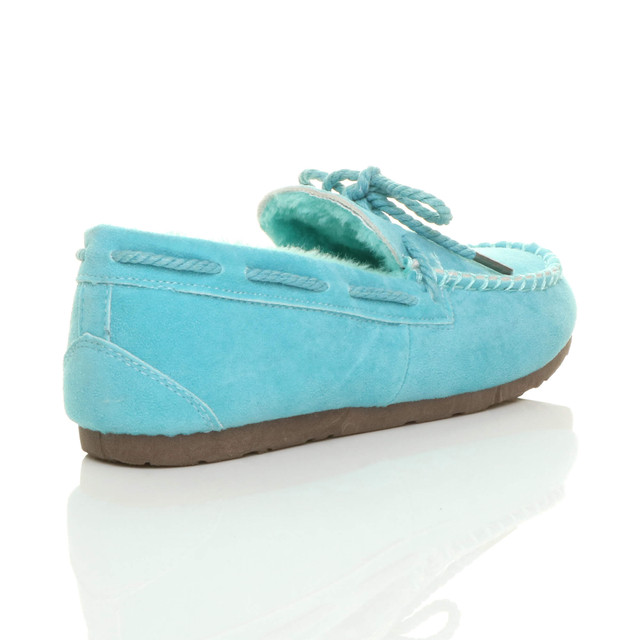 Back right side view of Blue Suede Fur Lined Luxury Flexible Moccasins Slippers