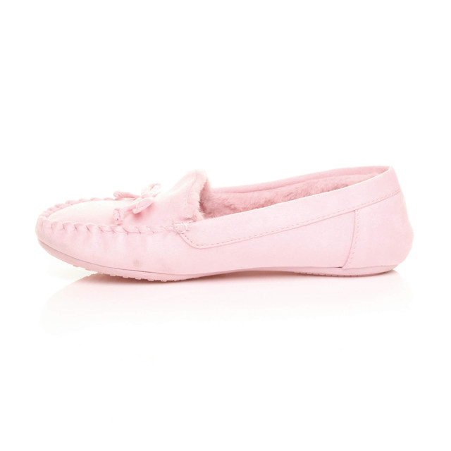 Left side view of Pink Suede Fur Lined Luxury Flexible Moccasins Slippers
