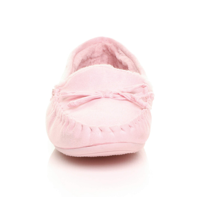 Front view of Pink Suede Fur Lined Luxury Flexible Moccasins Slippers