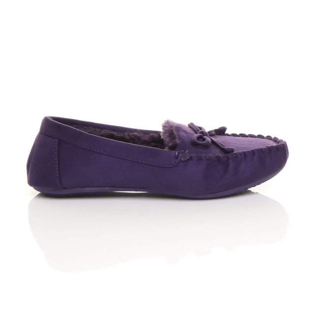 Right side view of Purple Suede Fur Lined Luxury Flexible Moccasins Slippers