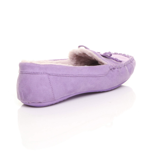 Back right side view of Lilac Suede Fur Lined Luxury Flexible Moccasins Slippers