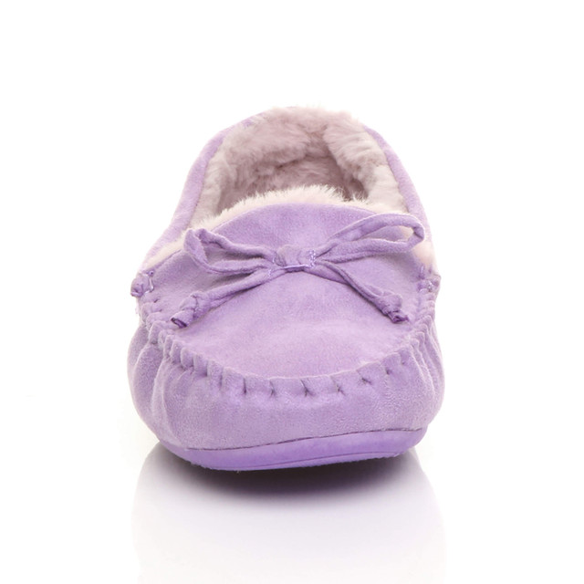 Front view of Lilac Suede Fur Lined Luxury Flexible Moccasins Slippers