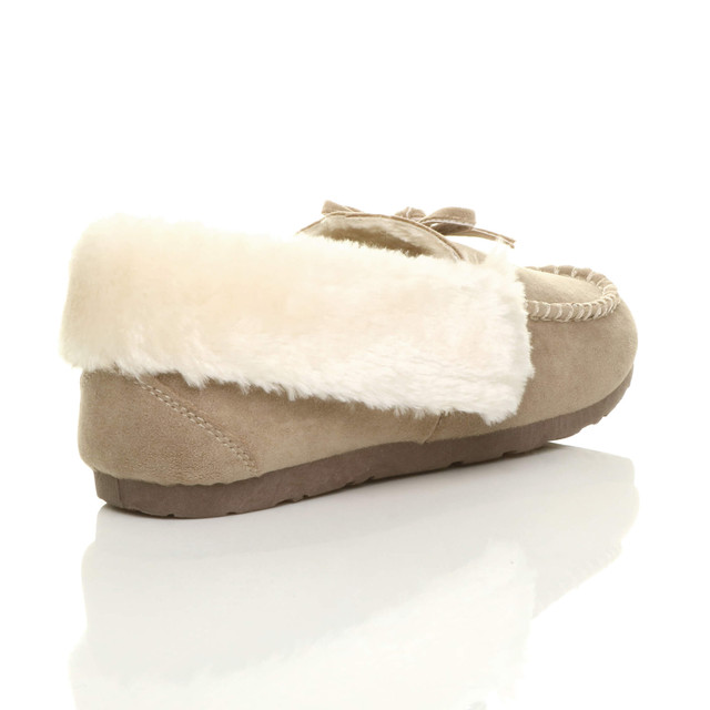 Back right side view of Beige Suede Fur Collar Lined Luxury Flexible Moccasins Slippers