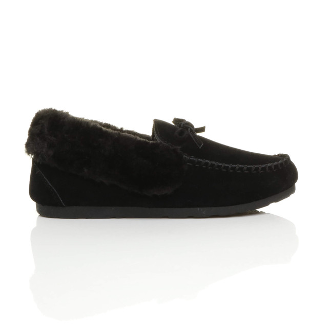 Right side view of Black Suede Fur Collar Lined Luxury Flexible Moccasins Slippers
