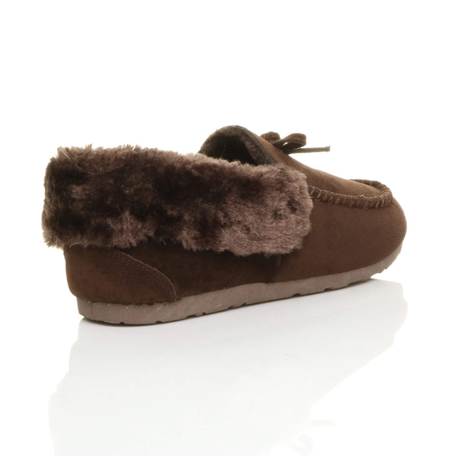 Back right side view of Brown Suede Fur Collar Lined Luxury Flexible Moccasins Slippers