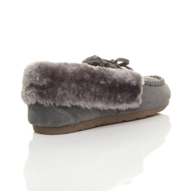 Back right side view of Grey Suede Fur Collar Lined Luxury Flexible Moccasins Slippers