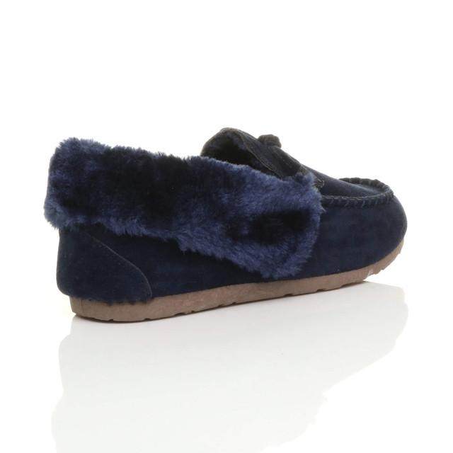 Back right side view of Navy Suede Fur Collar Lined Luxury Flexible Moccasins Slippers