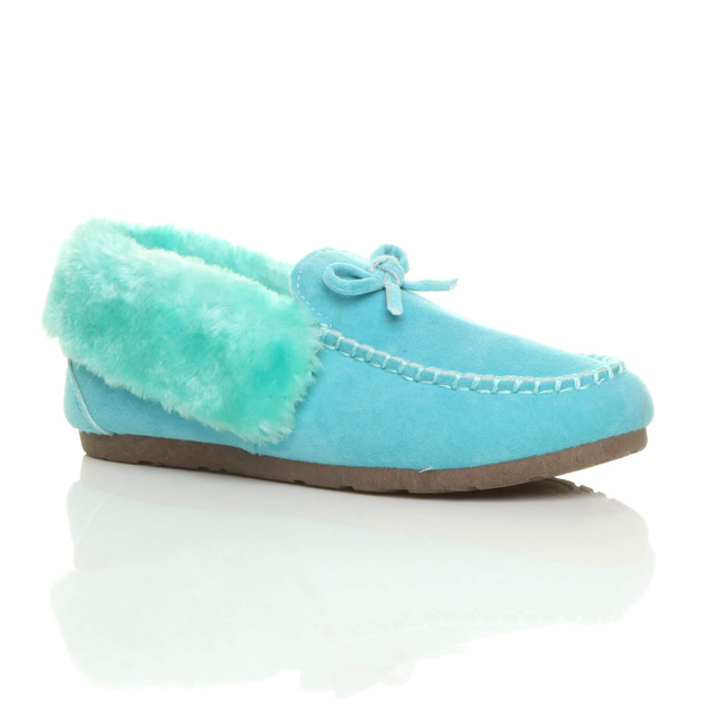 Front right side view of Blue Suede Fur Collar Lined Luxury Flexible Moccasins Slippers