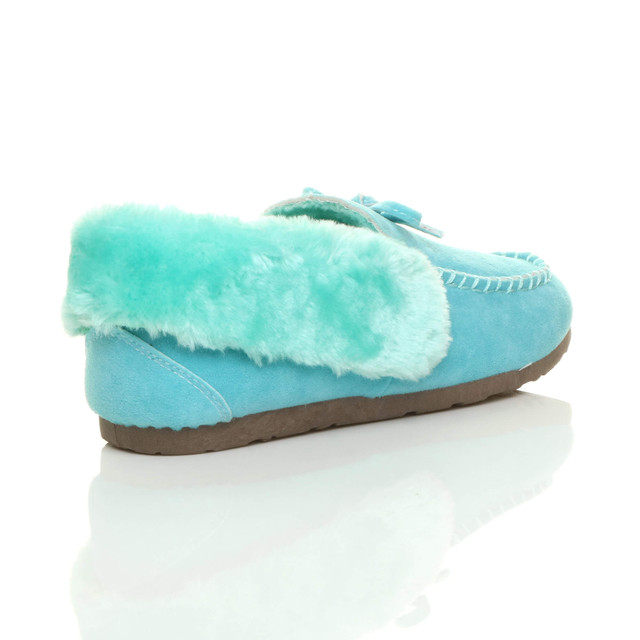 Back right side view of Blue Suede Fur Collar Lined Luxury Flexible Moccasins Slippers