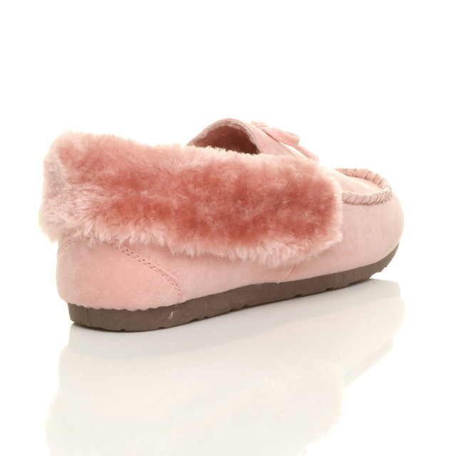 Back right side view of Pink Suede Fur Collar Lined Luxury Flexible Moccasins Slippers