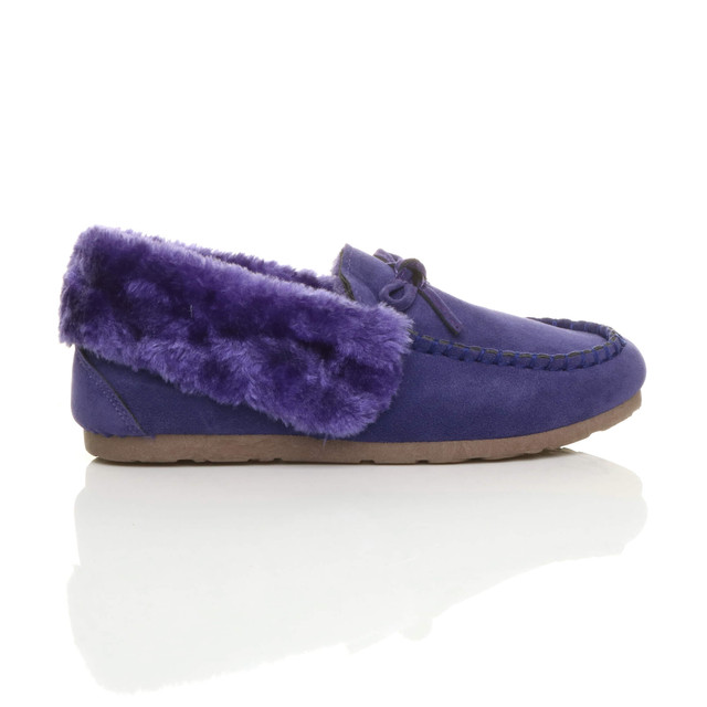 Right side view of Purple Suede Fur Collar Lined Luxury Flexible Moccasins Slippers