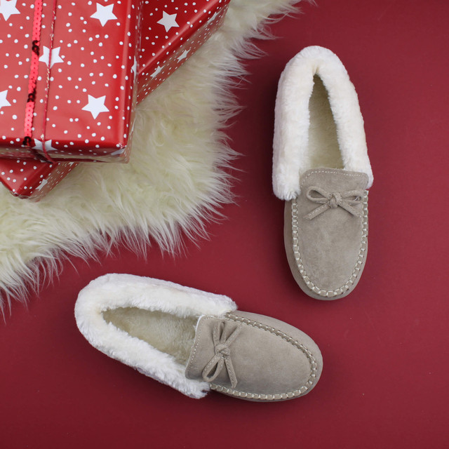 Beige Suede Fur Collar Lined Luxury Flexible Moccasins Slippers