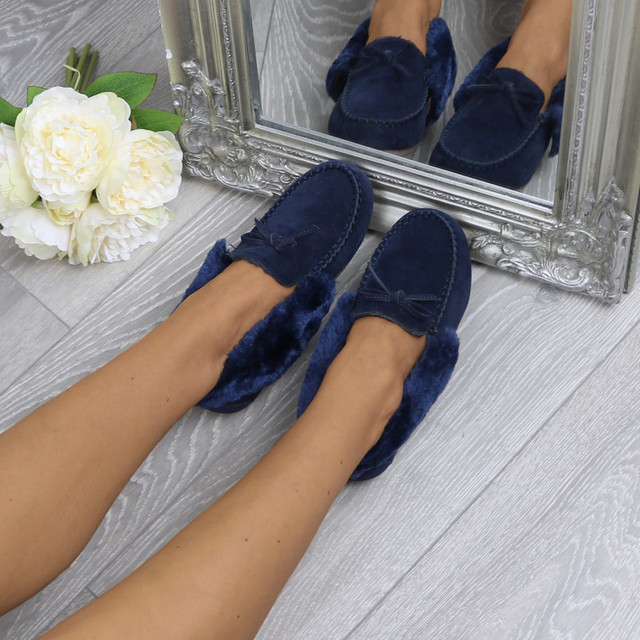 Model wearing Navy Suede Fur Collar Lined Luxury Flexible Moccasins Slippers