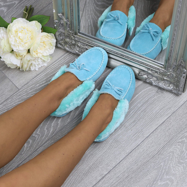 Model wearing Blue Suede Fur Collar Lined Luxury Flexible Moccasins Slippers