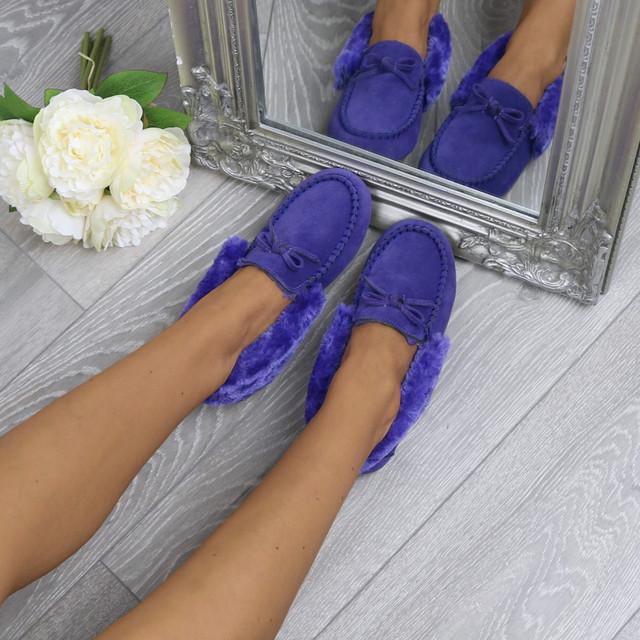 Model wearing Purple Suede Fur Collar Lined Luxury Flexible Moccasins Slippers