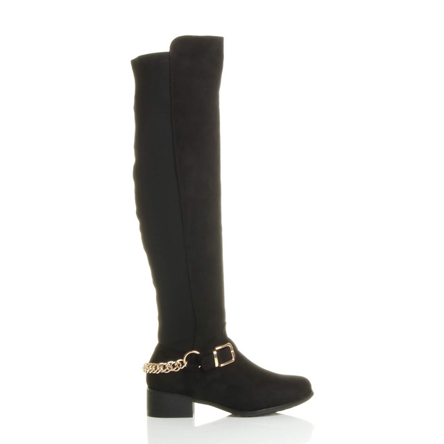 Right side view of Black Suede Low Heel Gold Chain Stretch Over The Knee Boots