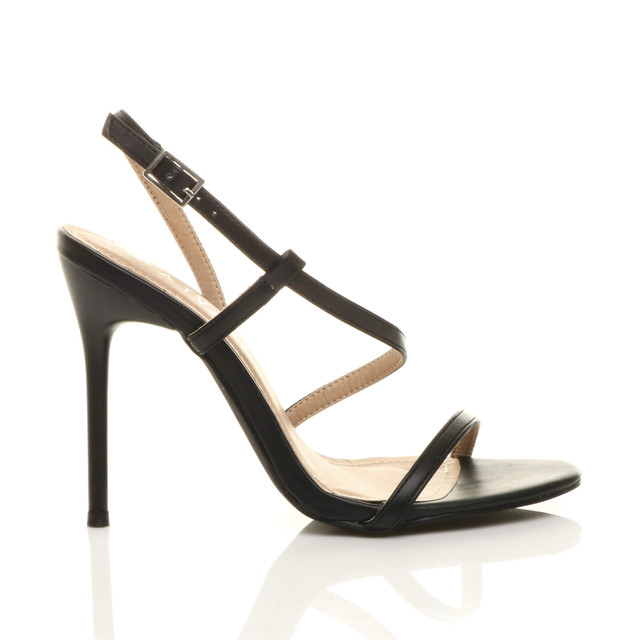Right side view of Black PU High Heel Barely There Strappy Buckle Evening Sandals