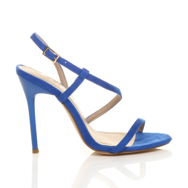 Right side view of Cobalt Blue Suede High Heel Barely There Strappy Buckle Evening Sandals