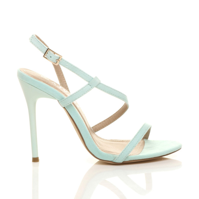 Right side view of Mint Suede High Heel Barely There Strappy Buckle Evening Sandals
