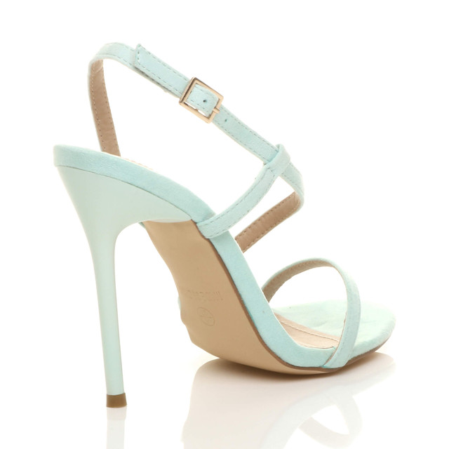 Back right side view of Mint Suede High Heel Barely There Strappy Buckle Evening Sandals