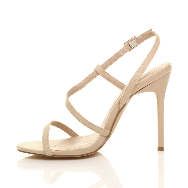 Left side view of Nude Suede High Heel Barely There Strappy Buckle Evening Sandals