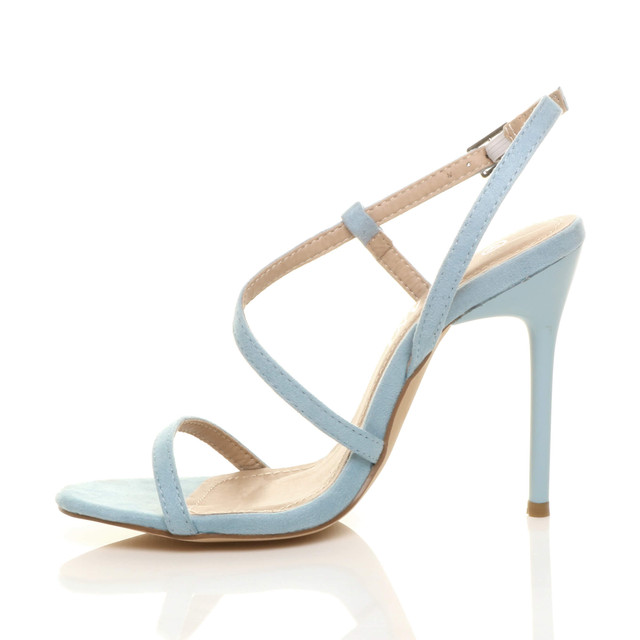 Left side view of Pale Blue Suede High Heel Barely There Strappy Buckle Evening Sandals