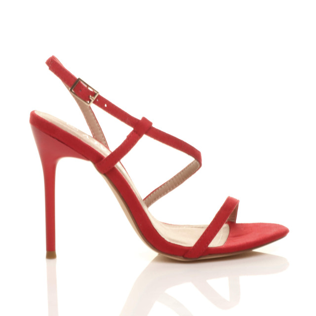 Right side view of Red Suede High Heel Barely There Strappy Buckle Evening Sandals