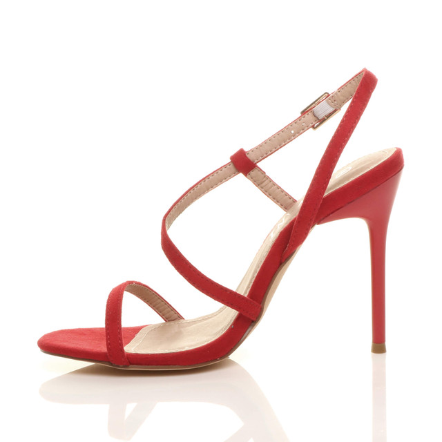 Left side view of Red Suede High Heel Barely There Strappy Buckle Evening Sandals