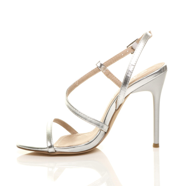 Left side view of Silver PU High Heel Barely There Strappy Buckle Evening Sandals