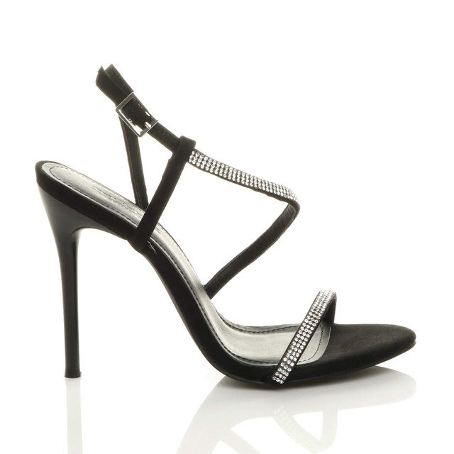 Right side view of Black Diamante Suede High Heel Barely There Strappy Buckle Evening Sandals