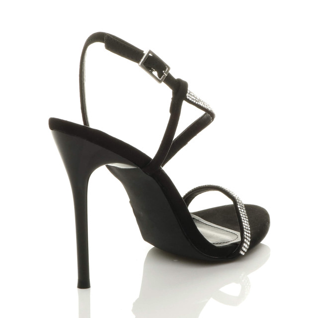 Back right side view of Black Diamante Suede High Heel Barely There Strappy Buckle Evening Sandals