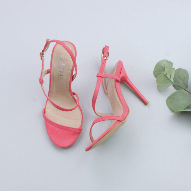 Coral Suede High Heel Barely There Strappy Buckle Evening Sandals