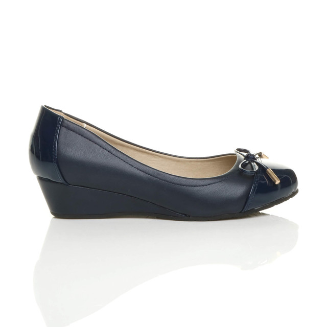 Right side view of Navy PU Low Mid Wedge Bow Court Shoes
