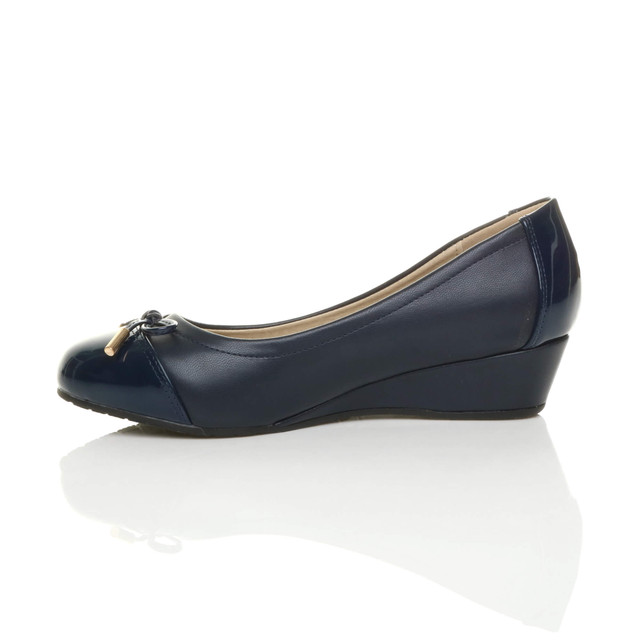 Left side view of Navy PU Low Mid Wedge Bow Court Shoes