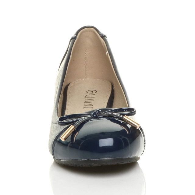 Front view of Navy PU Low Mid Wedge Bow Court Shoes