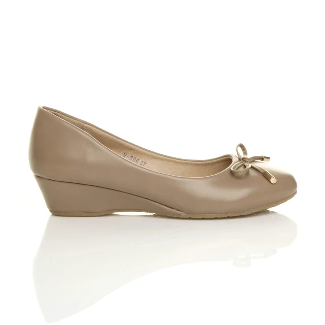 Right side view of Taupe PU Low Mid Wedge Bow Court Shoes