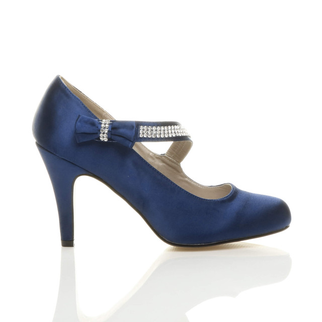 Right side view of Navy Satin High Heel Mary Jane Diamante Bow Court Shoes